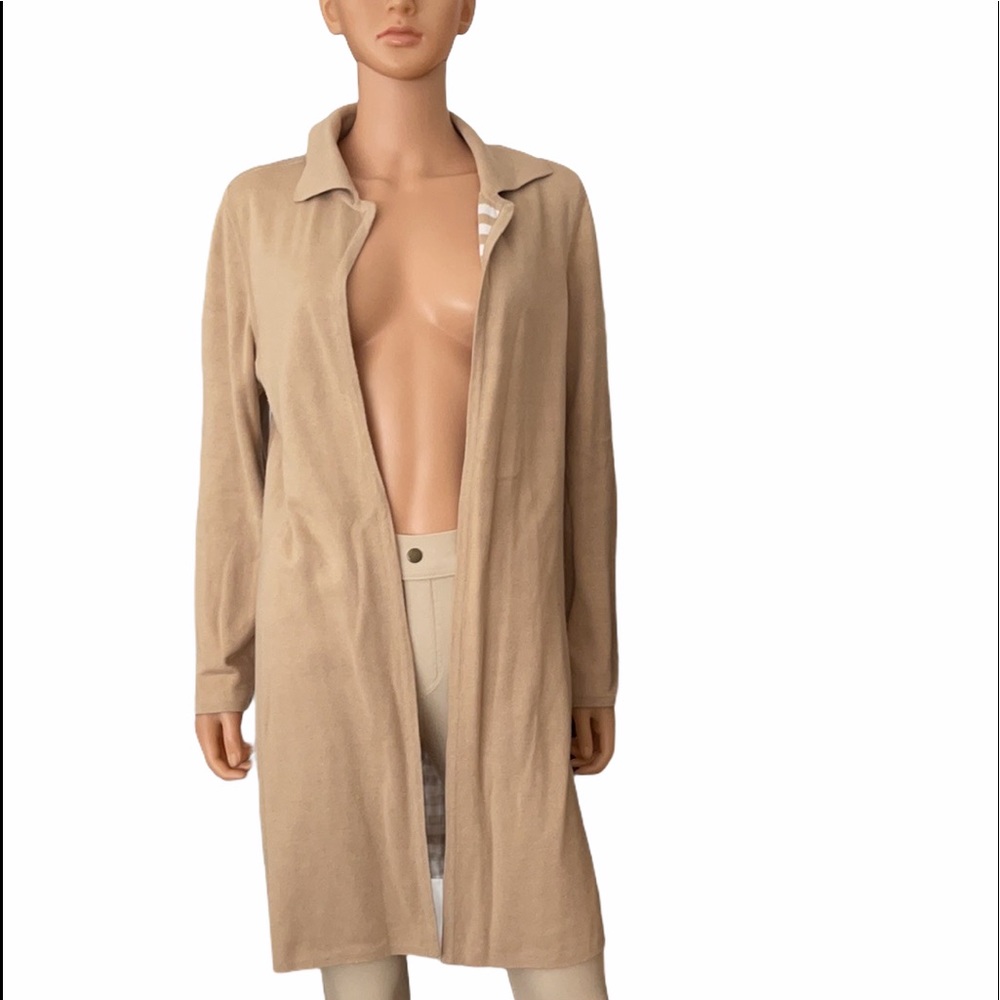 Women’s tan and white long duster reversible cardigan